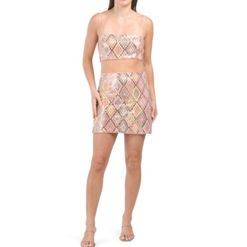 Caroline Constas Diamond Pattern Sequin 2-piece Crop Top Mini Skirt Set Size 10